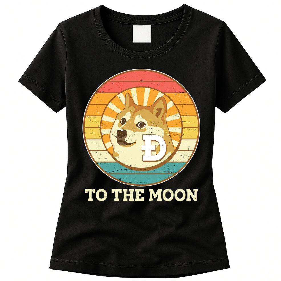 Vintage Dogecoin To The Moon Meme Emblem Womens T-Shirt