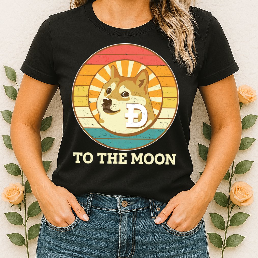 Vintage Dogecoin To The Moon Meme Emblem Womens T-Shirt