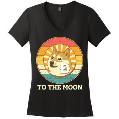 Vintage Dogecoin To The Moon Meme Emblem Women's V-Neck T-Shirt