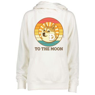 Vintage Dogecoin To The Moon Meme Emblem Womens Funnel Neck Pullover Hood