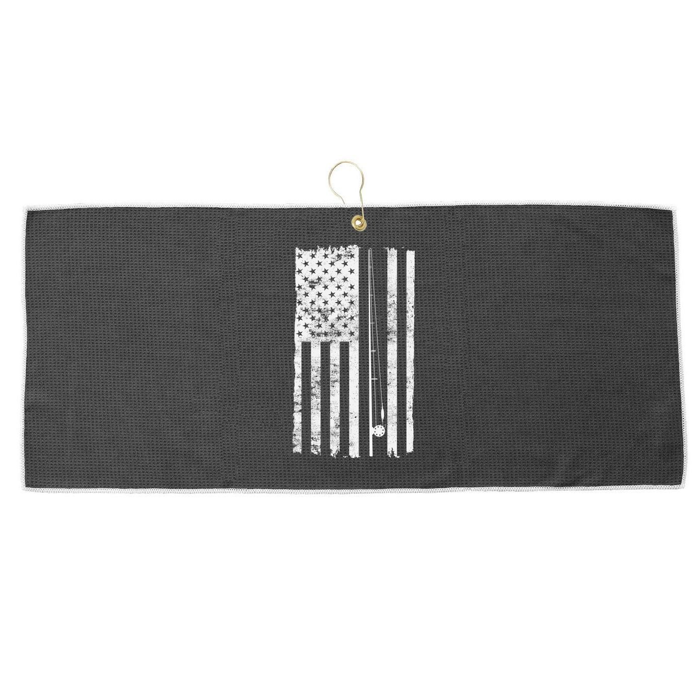 Vintage Fishing American Flag Pole Large Microfiber Waffle Golf Towel