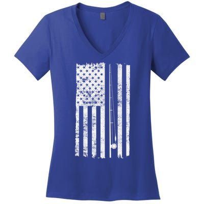 Vintage Fishing American Flag Pole Women's V-Neck T-Shirt