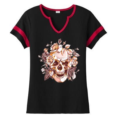 Vintage Floral Flower Skull Ladies Halftime Notch Neck Tee