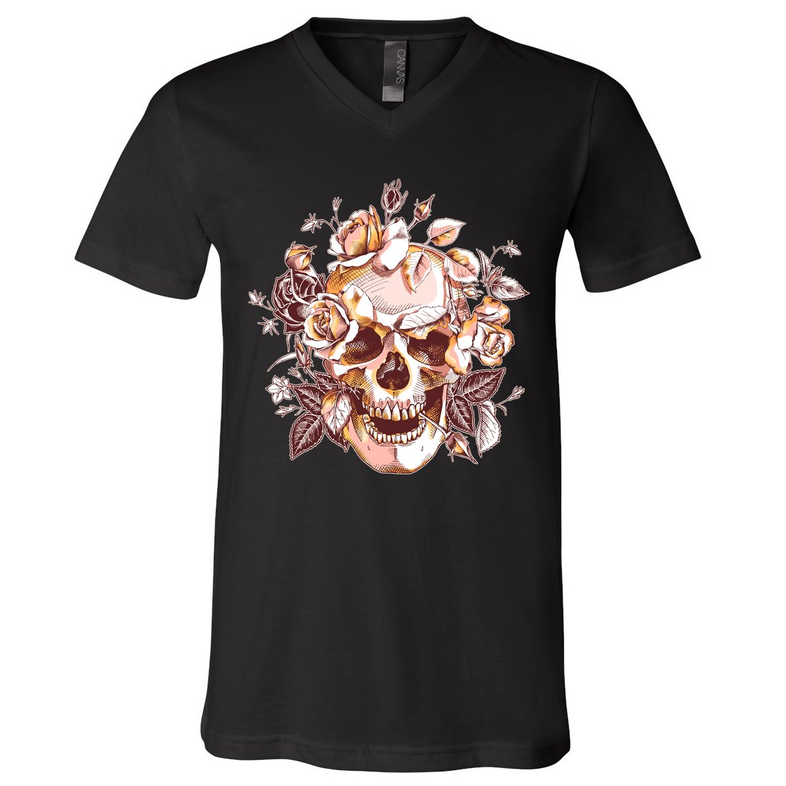Vintage Floral Flower Skull V-Neck T-Shirt