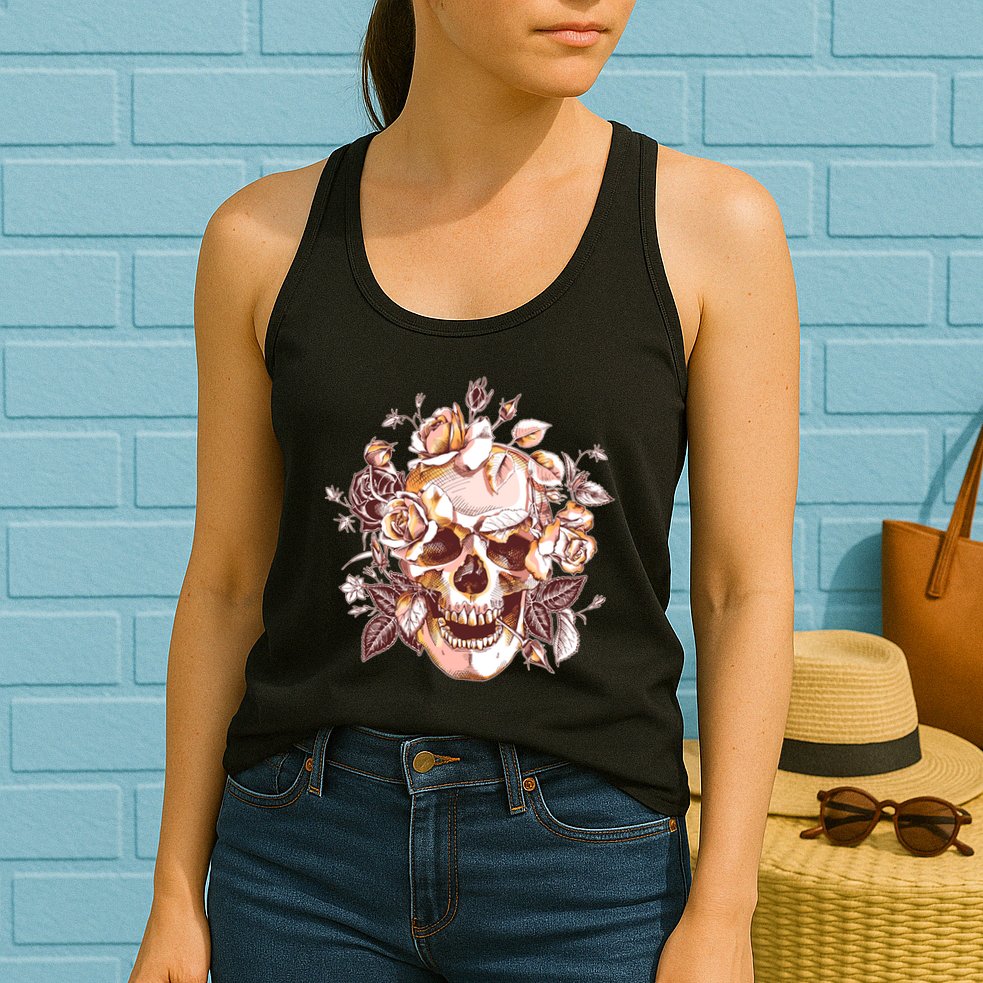 Vintage Floral Flower Skull Womens Tank Top