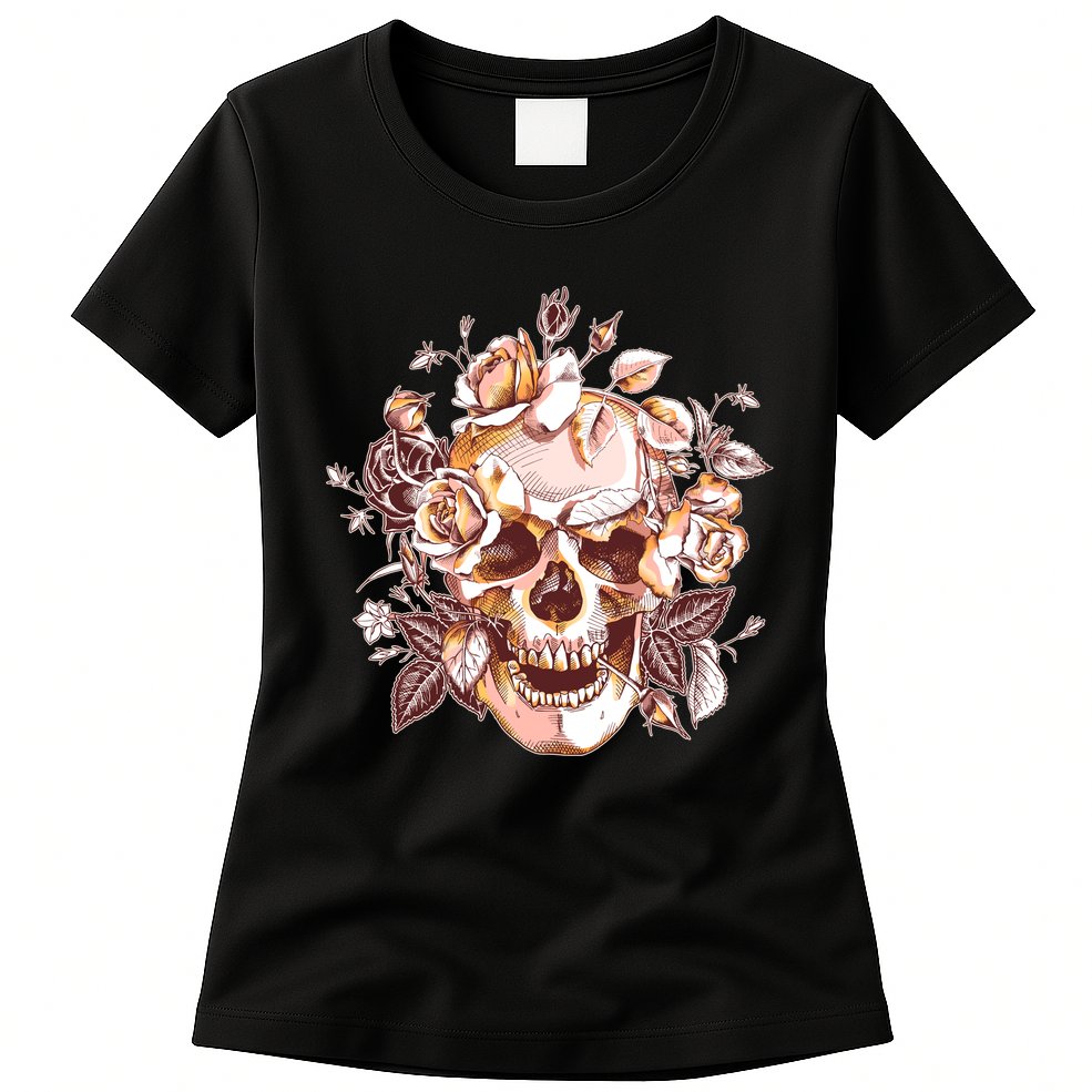 Vintage Floral Flower Skull Womens T-Shirt