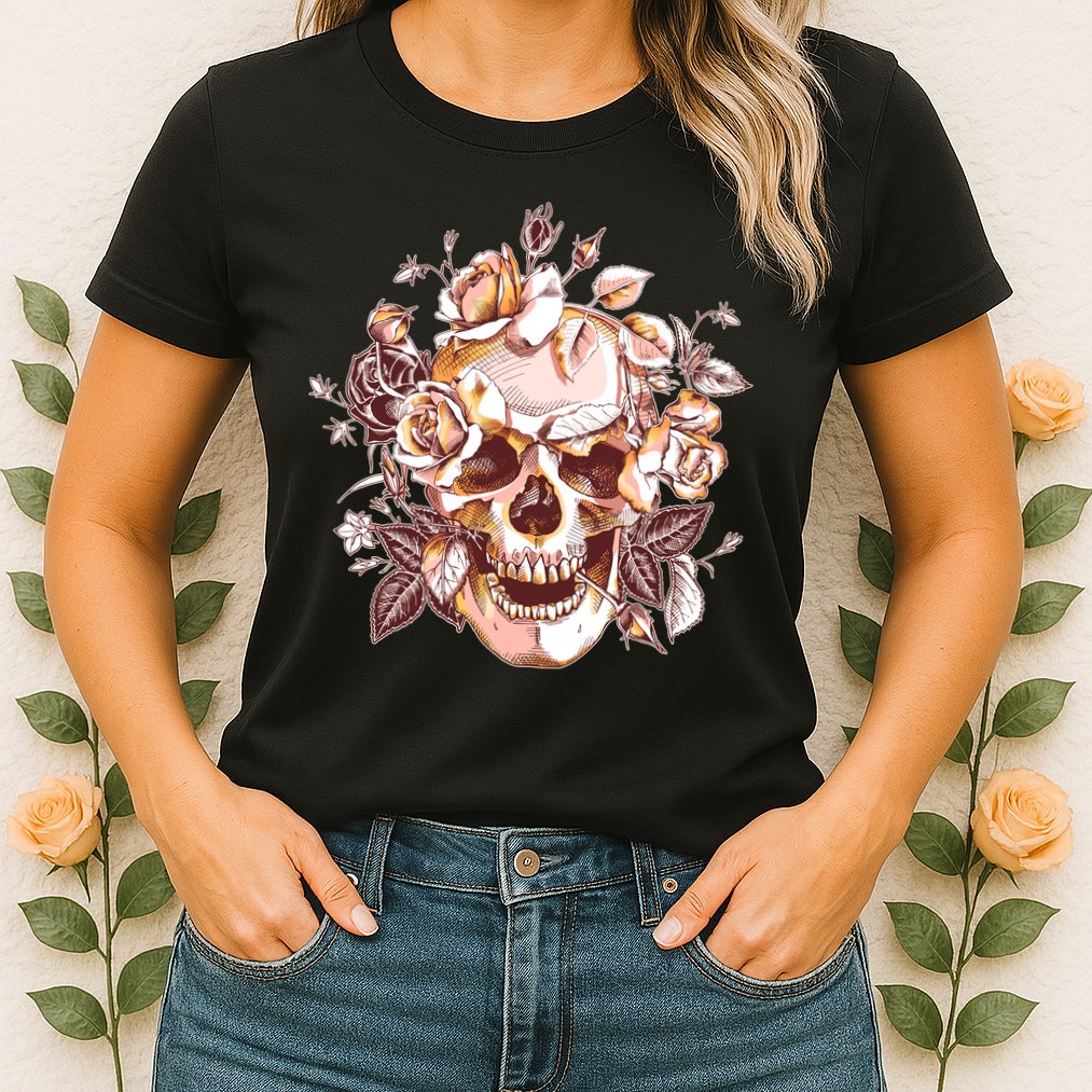Vintage Floral Flower Skull Womens T-Shirt