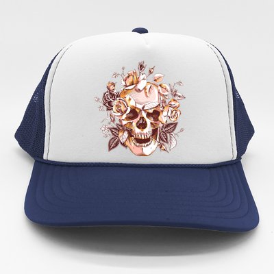 Vintage Floral Flower Skull Trucker Hat