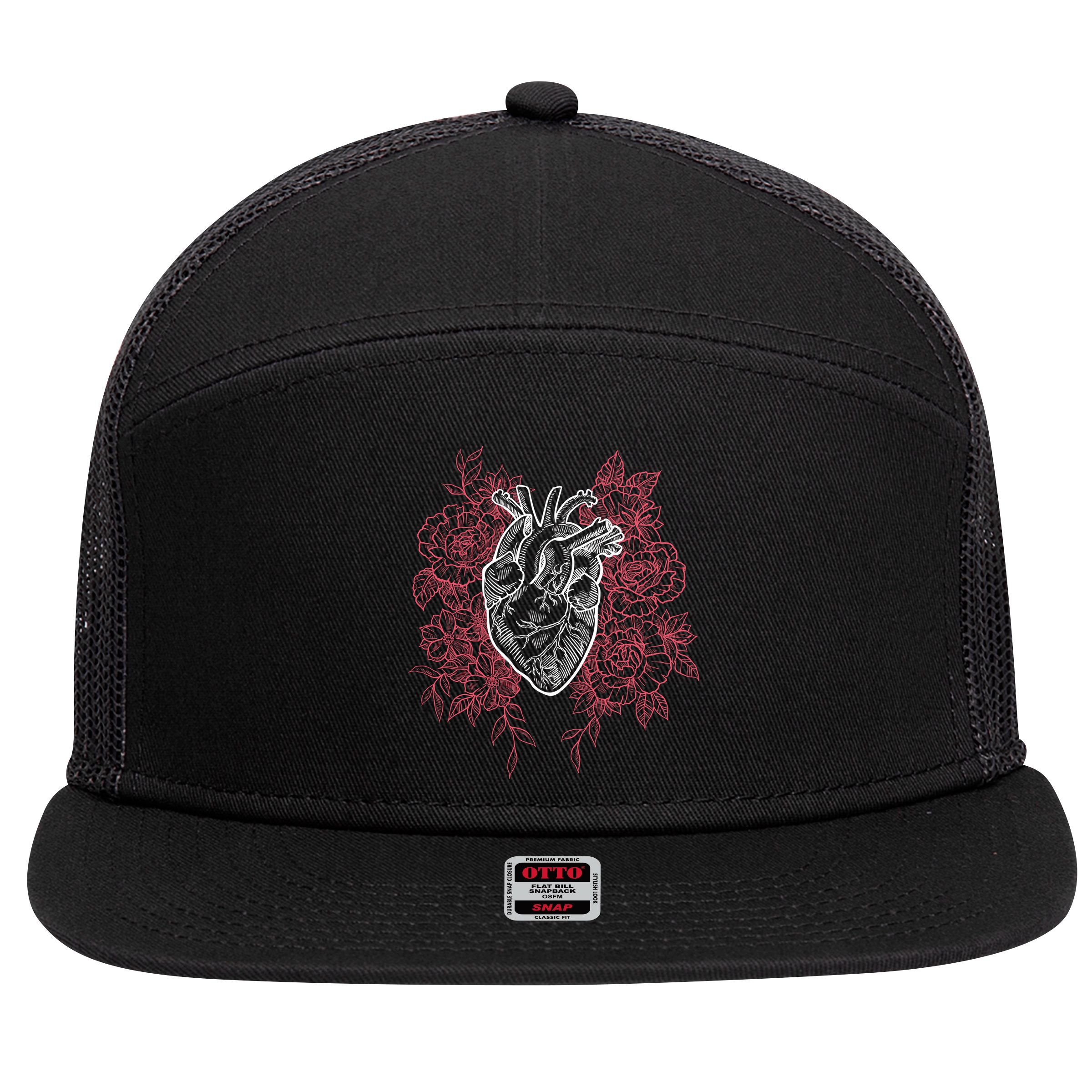 Vintage Floral Medical Heart Tattoo Design 7 Panel Mesh Trucker Snapback Hat