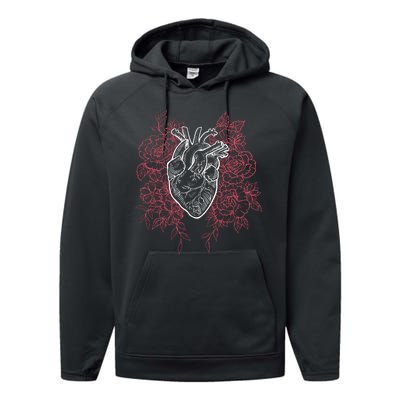 Vintage Floral Medical Heart Tattoo Design Performance Fleece Hoodie