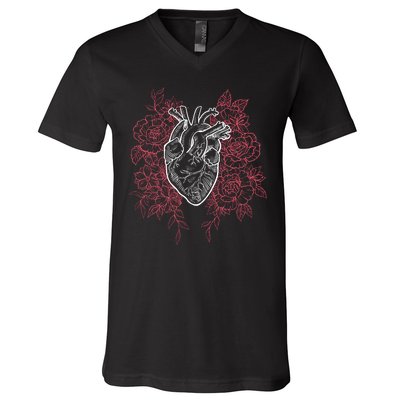 Vintage Floral Medical Heart Tattoo Design V-Neck T-Shirt