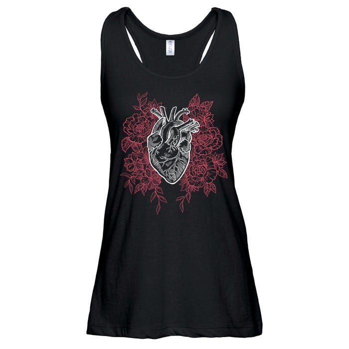 Vintage Floral Medical Heart Tattoo Design Ladies Essential Flowy Tank