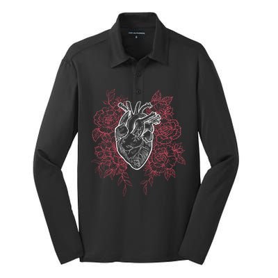 Vintage Floral Medical Heart Tattoo Design Silk Touch Performance Long Sleeve Polo