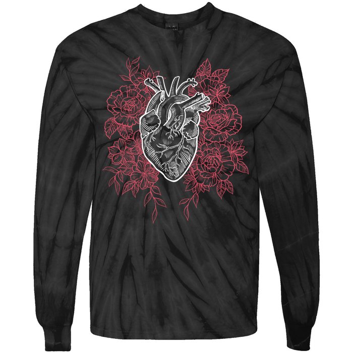 Vintage Floral Medical Heart Tattoo Design Tie-Dye Long Sleeve Shirt