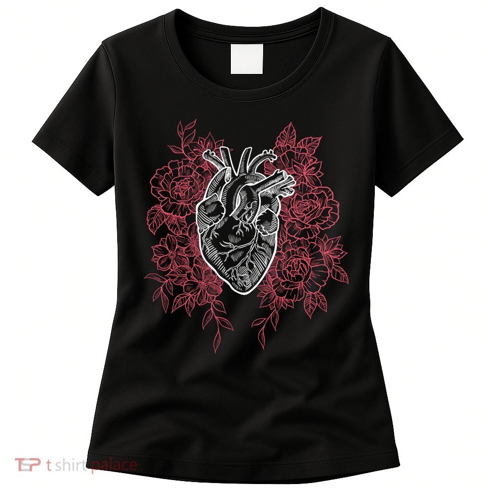 Vintage Floral Medical Heart Tattoo Design Womens T-Shirt