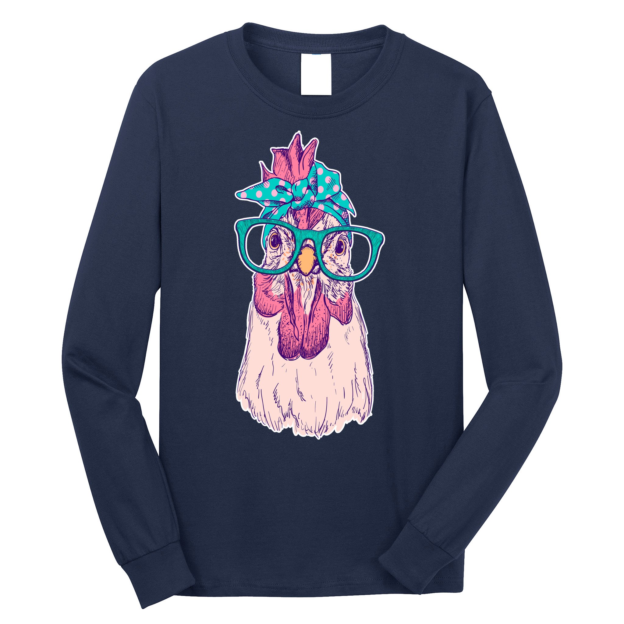 Vintage Funny Cute Chicken Hen With Glasses And Bandana Long Sleeve Shirt