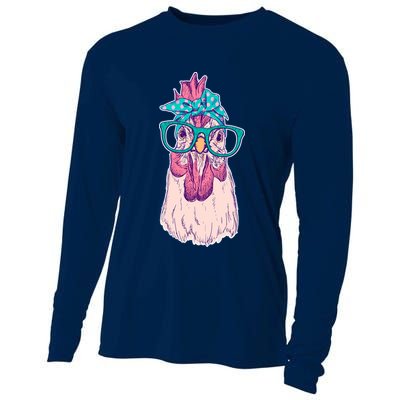 Vintage Funny Cute Chicken Hen With Glasses And Bandana Cooling Performance Long Sleeve Crew