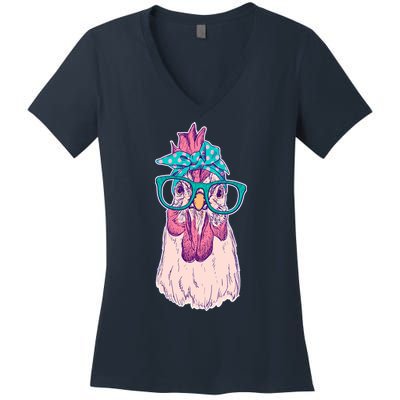 Vintage Funny Cute Chicken Hen With Glasses And Bandana Women's V-Neck T-Shirt