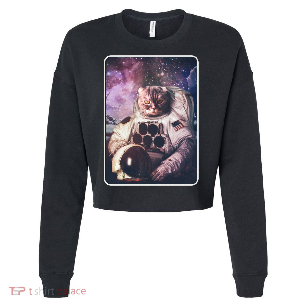 Vintage Galaxy Space Astronaut Cat Cropped Pullover Crew