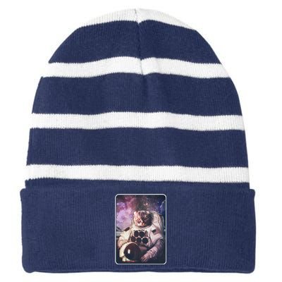 Vintage Galaxy Space Astronaut Cat Striped Beanie with Solid Band