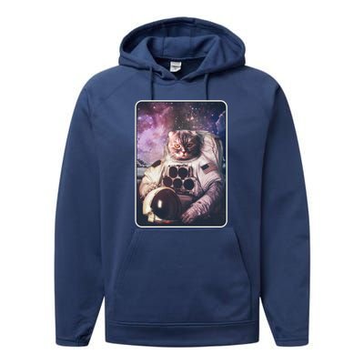 Vintage Galaxy Space Astronaut Cat Performance Fleece Hoodie