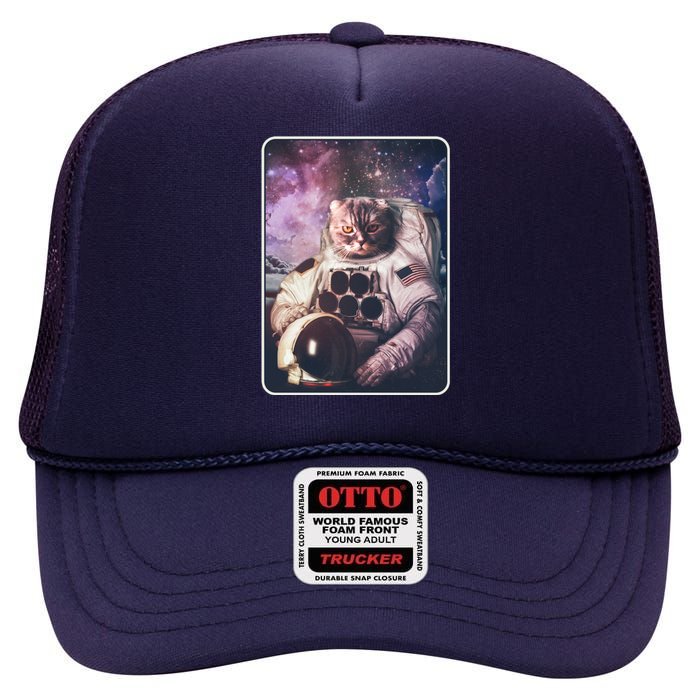 Vintage Galaxy Space Astronaut Cat High Crown Mesh Back Trucker Hat