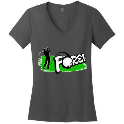 Vintage Golfer Swinging and Saying Fore Women's V-Neck T-Shirt