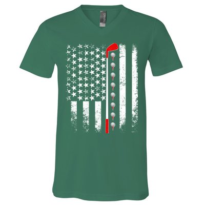 Vintage Golfing American Flag Golf Club V-Neck T-Shirt