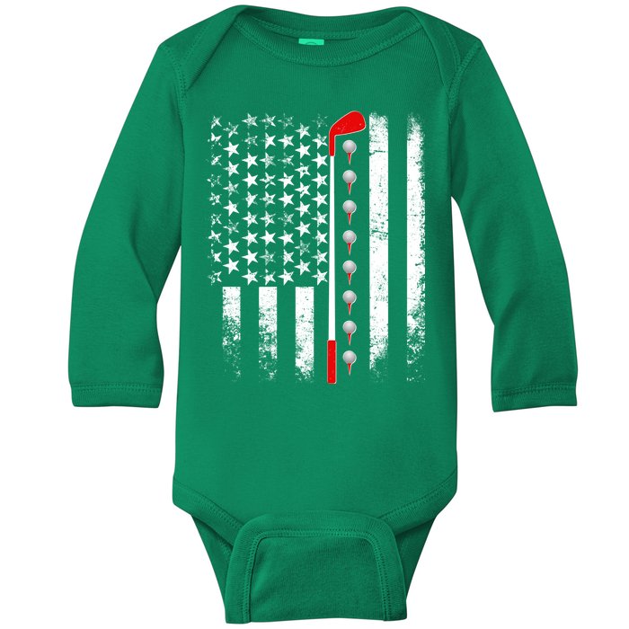 Vintage Golfing American Flag Golf Club Baby Long Sleeve Bodysuit