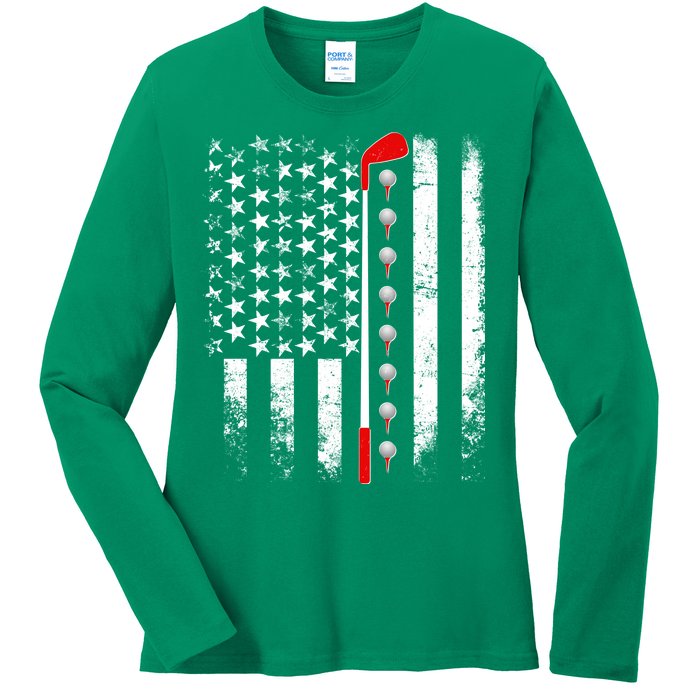 Vintage Golfing American Flag Golf Club Ladies Long Sleeve Shirt