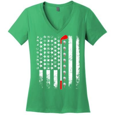 Vintage Golfing American Flag Golf Club Women's V-Neck T-Shirt