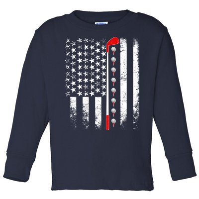 Vintage Golfing American Flag Golf Club Toddler Long Sleeve Shirt