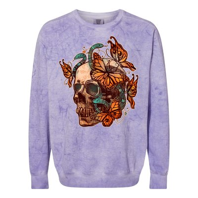 Vintage Graphic Skull Snakes And Butterflies  Colorblast Crewneck Sweatshirt