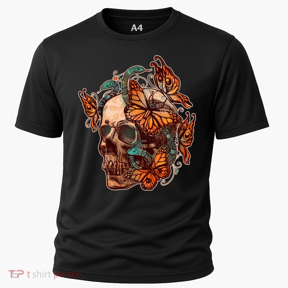 Vintage Graphic Skull Snakes And Butterflies  Performance Shirt