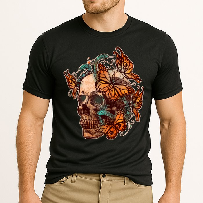 Vintage Graphic Skull Snakes And Butterflies  Performance Shirt
