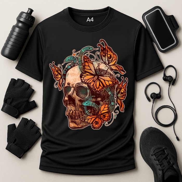 Vintage Graphic Skull Snakes And Butterflies  Performance Shirt
