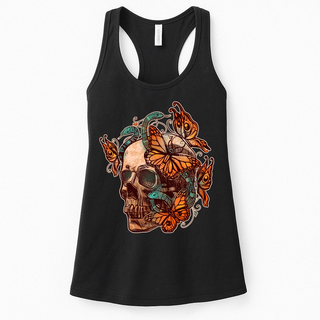 Vintage Graphic Skull Snakes And Butterflies  Womens Tank Top