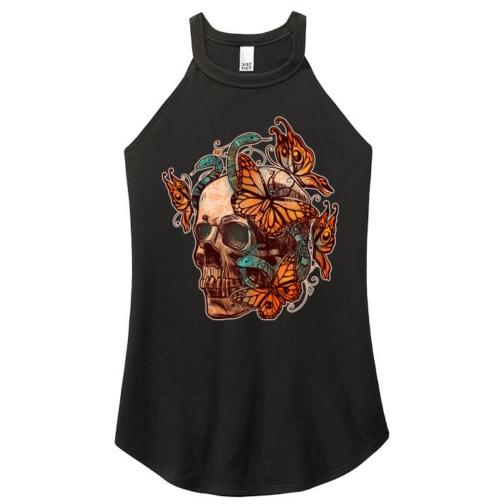 Vintage Graphic Skull Snakes And Butterflies  Women's Perfect Tri Rocker Tank