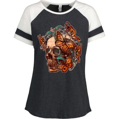 Vintage Graphic Skull Snakes And Butterflies  Enza Ladies Jersey Colorblock Tee