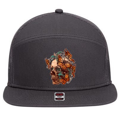 Vintage Graphic Skull Snakes And Butterflies  7 Panel Mesh Trucker Snapback Hat