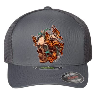 Vintage Graphic Skull Snakes And Butterflies  Flexfit Unipanel Trucker Cap