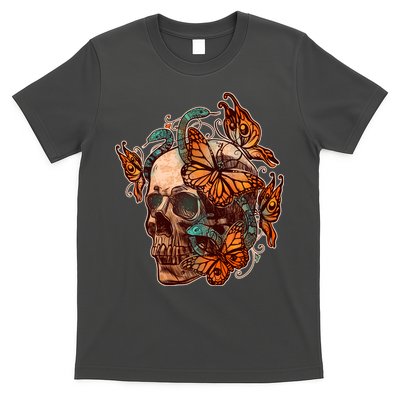 Vintage Graphic Skull Snakes And Butterflies  T-Shirt