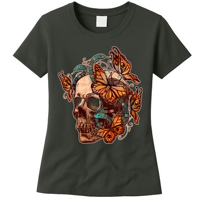 Vintage Graphic Skull Snakes And Butterflies  Womens T-Shirt