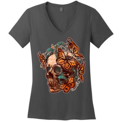 Vintage Graphic Skull Snakes And Butterflies  Women's V-Neck T-Shirt