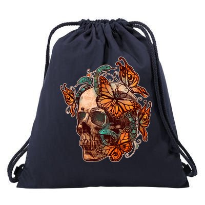 Vintage Graphic Skull Snakes And Butterflies  Drawstring Bag