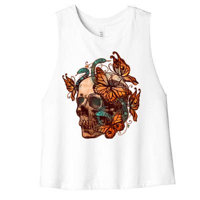 Vintage Graphic Skull Snakes And Butterflies  Women's Racerback Cropped Tank