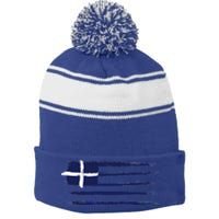 Vintage Greece Flag Stripe Pom Pom Beanie