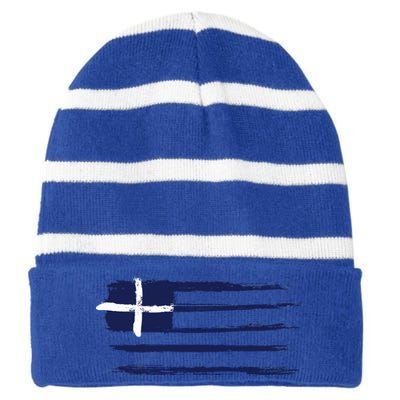 Vintage Greece Flag Striped Beanie with Solid Band