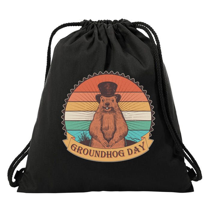 Vintage Groundhog Day Emblem Drawstring Bag