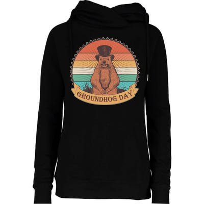 Vintage Groundhog Day Emblem Womens Funnel Neck Pullover Hood